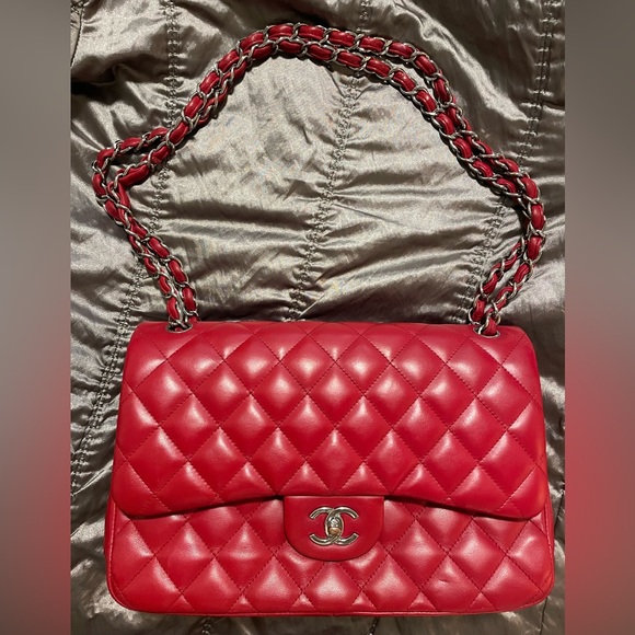 Authentic CHANEL Red Leather Jumbo Double Flap Bag Purse Silver Hardware RARE! - Picture 13 of 16